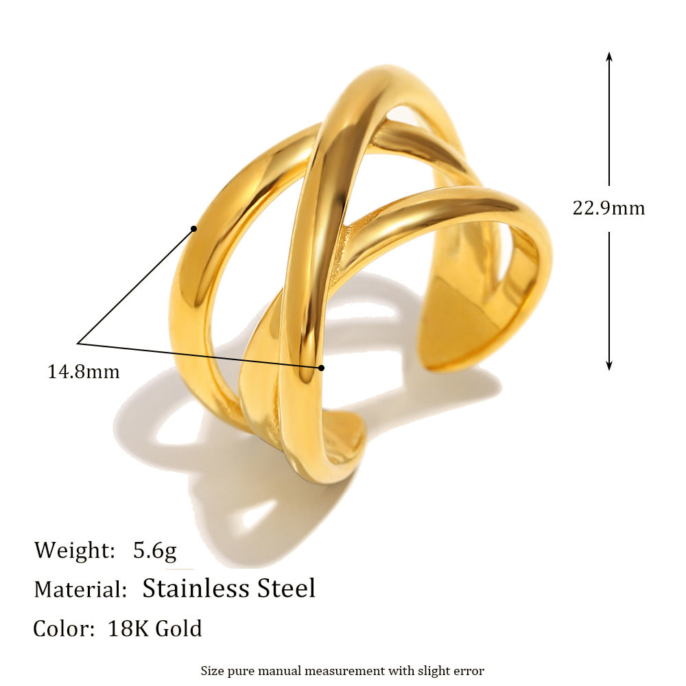 Wholesale Stainless steel 18K gold plated cross-line open ring